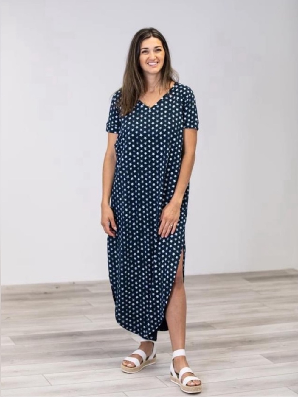 NWT Latched Mama Navy Star Dolman Nursing Breastfeeding Maxi Dress Size XS/S